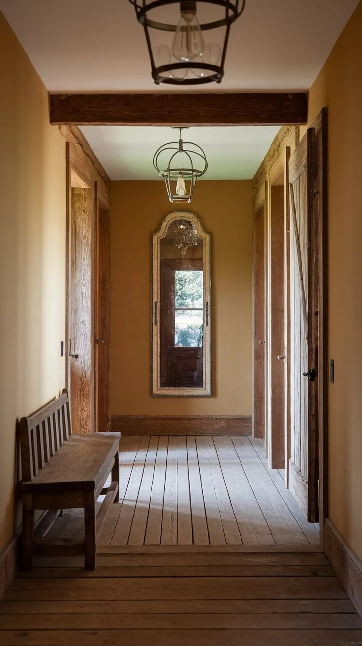 This rustic country entryway welcomes you home with its blend of rustic charm and modern comfort.  The rustic wooden bench, vintage mirror, and warm wall hues create a space that's both inviting and stylish, offering plenty of hallway design ideas for modern rustic homes.  Perfect vintage home ideas for those seeking unique home decor.