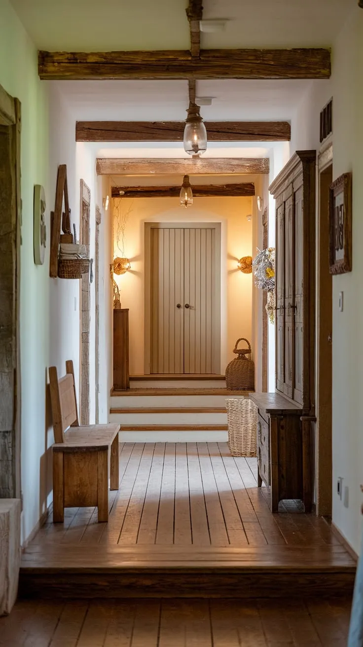 Warmth and character define this country entryway.  The rustic hallway, complete with a rustic wooden bench and vintage home ideas, offers a glimpse into the inviting heart of a modern rustic home.  Hallway design ideas abound in this space, showcasing the beauty of simple home decor.