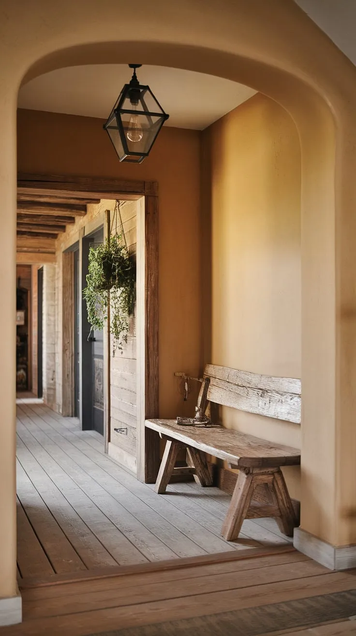 This rustic entryway sets the tone for the entire home.  The rustic wooden bench, warm beige walls, and thoughtfully chosen home decor create a welcoming atmosphere.  Explore hallway design ideas and find inspiration for your own modern rustic homes with this stunning rustic hallway design.