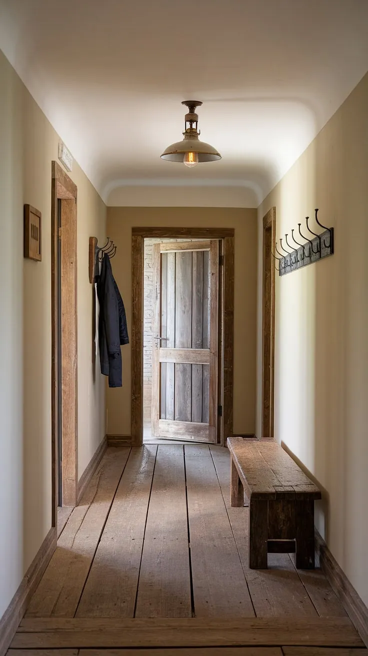 This rustic hallway, a perfect blend of modern rustic homes and vintage home ideas, welcomes you into a country entryway filled with charm. The rustic wooden bench offers a cozy spot, while the hallway design, complete with thoughtful home decor, creates a space that's both inviting and stylish.  Hallway design ideas don't get much better than this.