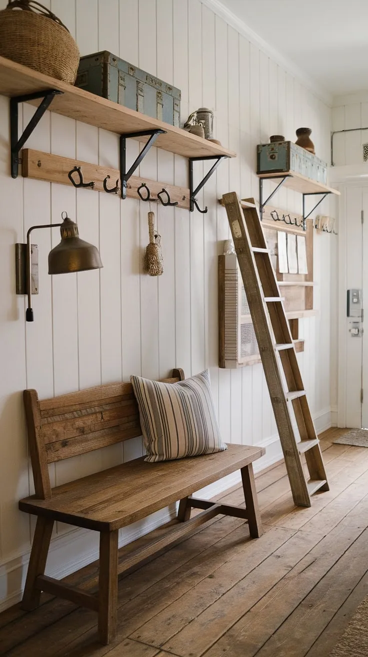 This rustic country entryway, complete with a rustic wooden bench and vintage lamp, sets the perfect tone for modern rustic homes.  The hallway design, featuring wooden shelves and a ladder, offers ample storage and charming hallway design ideas.  A perfect blend of vintage home ideas and home decor.