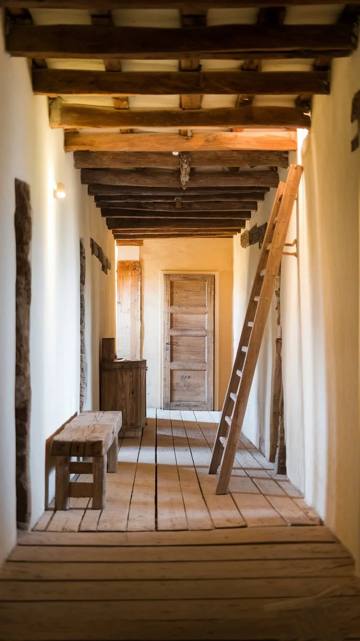 This rustic hallway, a perfect example of rustic entryway design, invites you to linger.  The worn wooden planks underfoot, the rustic wooden bench, and the ladder leaning against the wall tell a story of comfortable living. Find inspiration for your own hallway design ideas within this modern rustic homes aesthetic, a blend of vintage home ideas and thoughtful home decor.