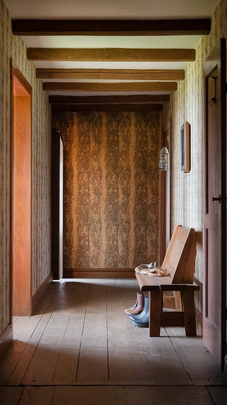 This rustic entryway sets the tone for the entire home.  The rustic hallway, complete with a rustic wooden bench showcasing a pair of well-worn boots, exudes cozy comfort.  Discover hallway design ideas and inspiration for your own modern rustic home in this stunning blend of vintage home ideas and impeccable home decor.
