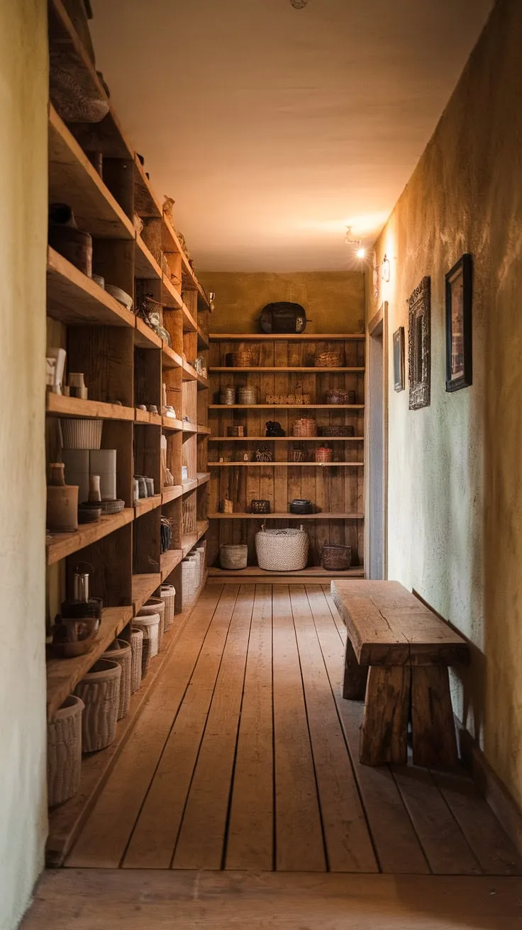 Warm lighting and vintage textures define this rustic hallway, a testament to the beauty of rustic entryway design.  The rustic wooden bench adds a touch of inviting charm, while the shelves overflow with home decor, making this space a perfect example of hallway design ideas for modern rustic homes.