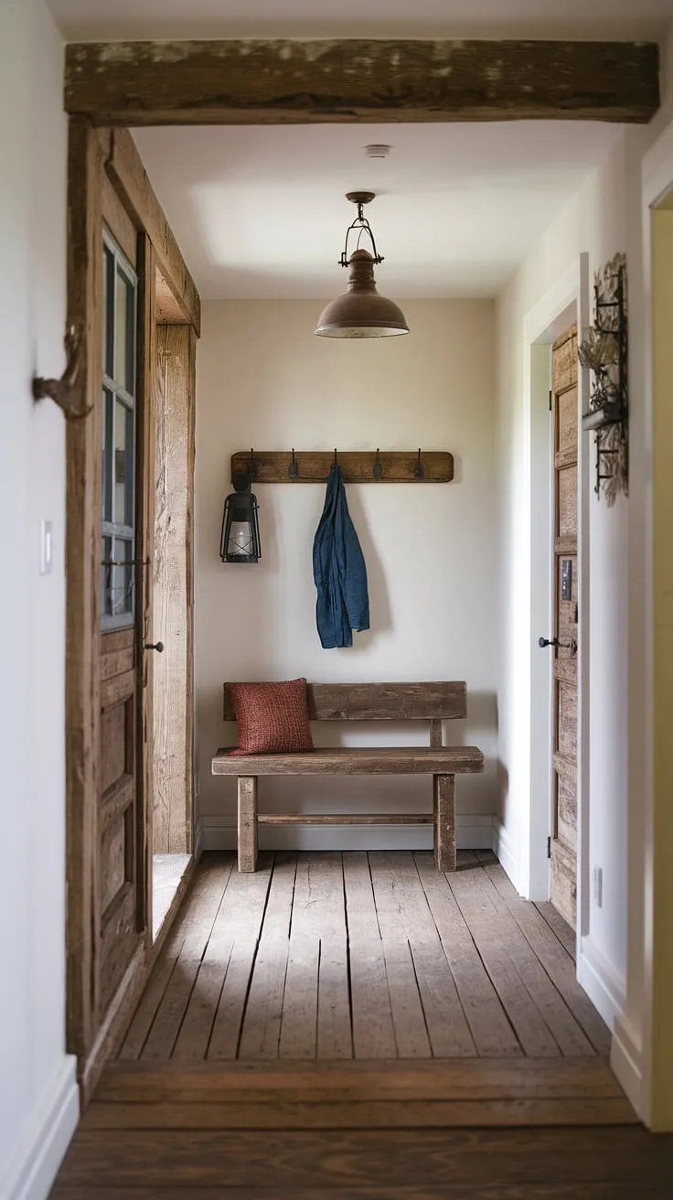 Discover the allure of this country entryway, where a rustic hallway unfolds.  The rustic wooden bench invites you to pause, while the vintage lighting and carefully curated home decor showcase a unique blend of rustic and modern elements.  Find inspiration for your own hallway design ideas in this stunning example of modern rustic homes.