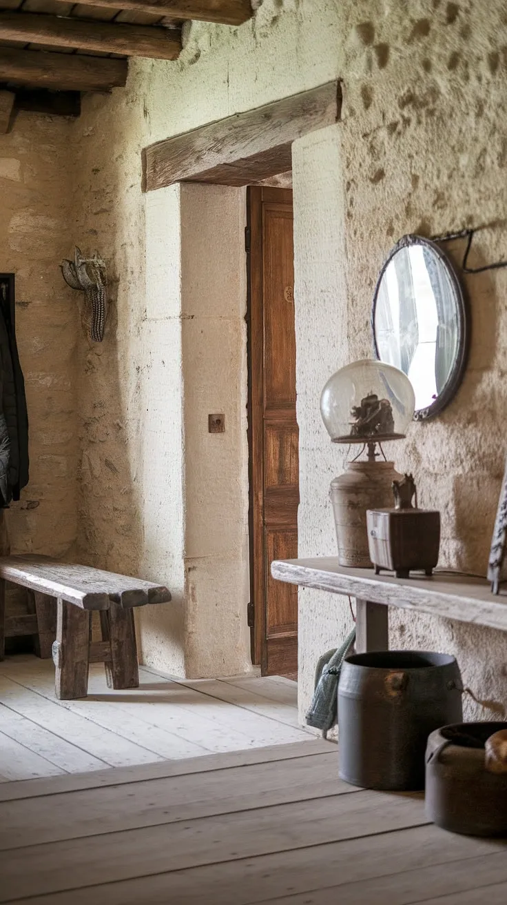 Step into the heart of this charming country entryway, where a rustic wooden bench welcomes you into a rustic hallway brimming with character.  The aged stone walls and vintage lamp speak to the home's history, offering a blend of rustic hallway design ideas perfect for modern rustic homes and vintage home ideas. This hallway design is a masterclass in home decor.