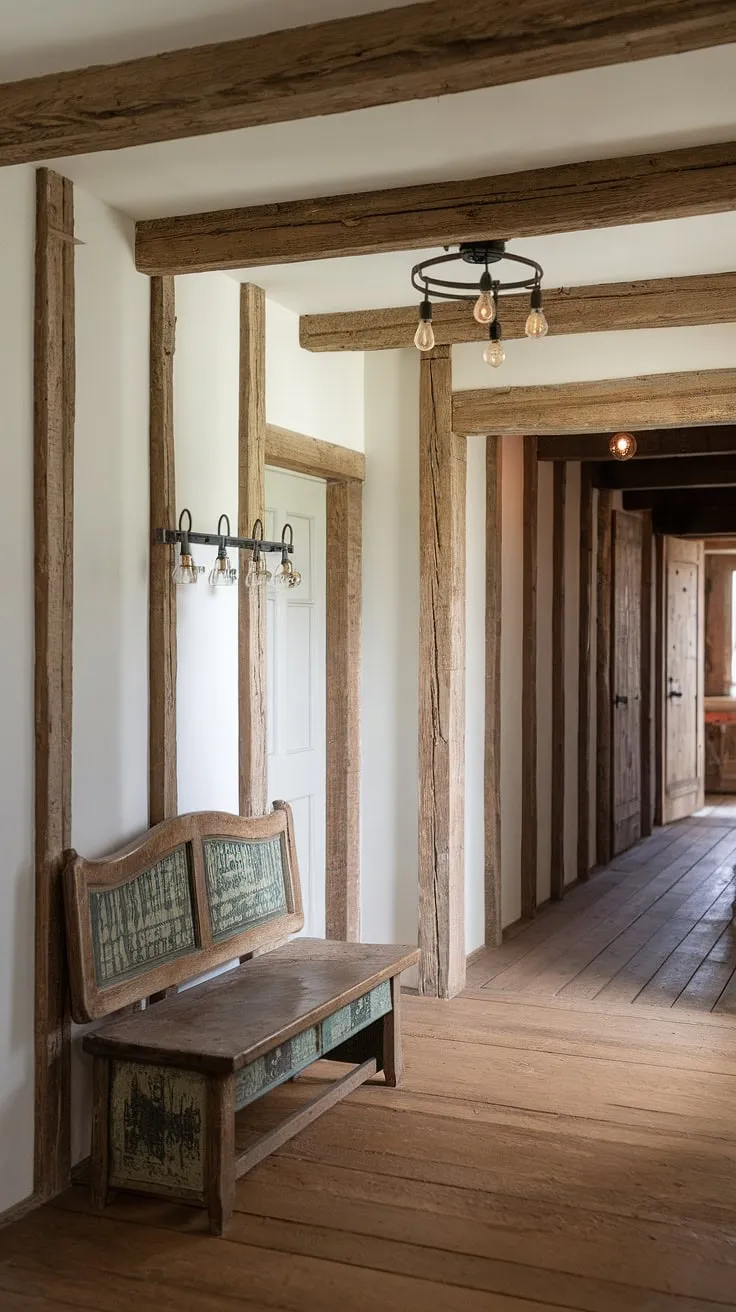 A rustic wooden bench sits invitingly in this charming country entryway, setting the tone for the rustic hallway beyond.  The white walls, exposed beams, and thoughtful home decor create a space brimming with vintage home ideas.  Explore hallway design ideas and find inspiration for your own modern rustic homes.