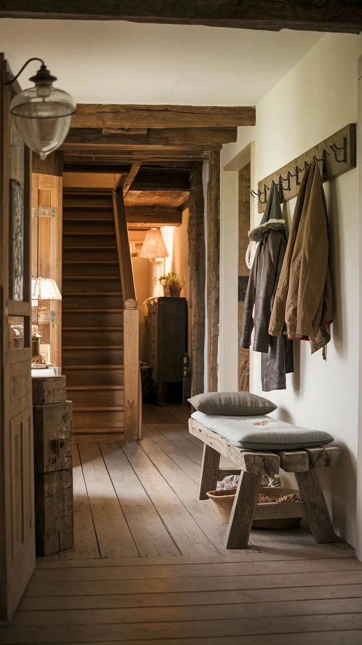 Warmth and welcome define this rustic entryway.  The rustic wooden bench, vintage lamp, and carefully curated home decor create a space that's both inviting and stylish.  This modern rustic home offers plenty of hallway design ideas, proving that hallway design can be both functional and beautiful.  Explore the vintage home ideas showcased in this charming rustic hallway.