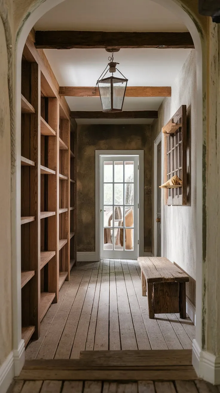 This rustic hallway is more than just a passageway; it's a statement.  The rustic entryway's vintage feel is perfectly balanced with modern rustic homes touches, creating a space that's both inviting and stylish.  The rustic wooden bench adds a touch of practicality, while the carefully curated hallway design ideas and home decor choices make this a truly unique space.  Perfect inspiration for your own vintage home ideas.