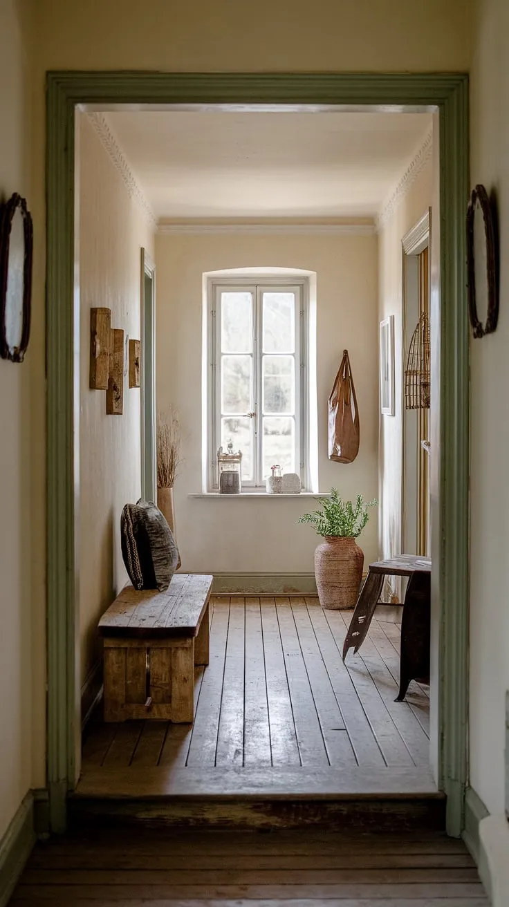 Step into the heart of this charming country entryway, where a rustic hallway unfolds, showcasing rustic wooden bench and thoughtful home decor.  This vintage home, brimming with hallway design ideas, perfectly embodies the warmth of modern rustic homes.