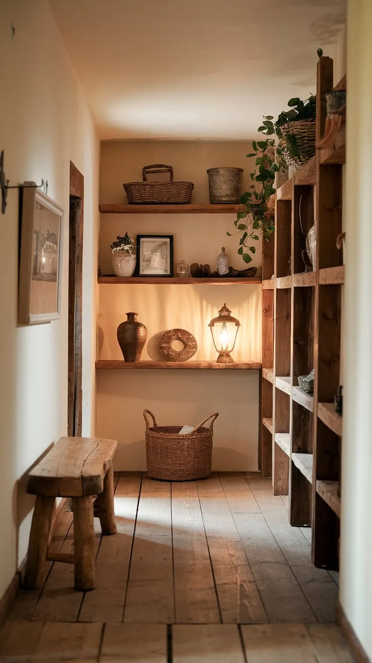 This rustic hallway showcases the beauty of simple hallway design.  A rustic wooden bench adds a touch of country charm to this rustic entryway, while the shelves overflow with vintage home ideas and home decor, making it the perfect blend of modern rustic homes and hallway design ideas.