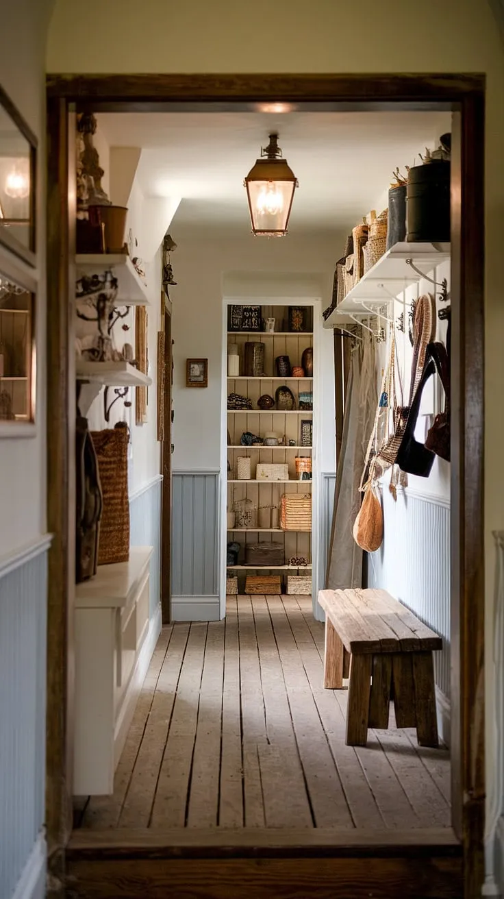 Discover the allure of this rustic entryway.  The rustic hallway's warm wooden floors and rustic wooden bench create a cozy atmosphere, showcasing clever hallway design ideas perfect for modern rustic homes.  Vintage home ideas are beautifully integrated into the home decor, making this country entryway truly inviting.