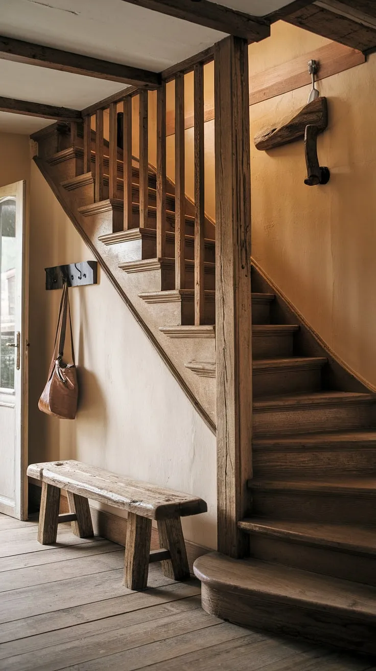 Step into the heart of this charming country entryway, where a rustic wooden bench welcomes you and a vintage staircase whispers tales of bygone eras.  This rustic hallway, brimming with hallway design ideas, showcases the perfect blend of modern rustic homes and vintage home ideas. The warm lighting and thoughtful home decor create an inviting atmosphere.