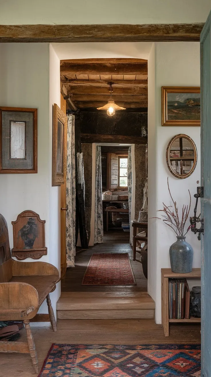 Step into the charm of this country entryway, where a rustic wooden bench welcomes you into a home filled with vintage home ideas.  The rustic hallway beyond, with its patterned rug, hints at the unique hallway design and modern rustic homes style found within.  This hallway design showcases thoughtful home decor and offers plenty of hallway design ideas.