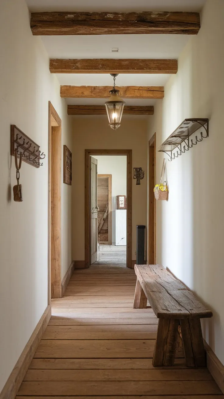 Discover hallway design inspiration in this captivating rustic hallway.  The rustic wooden bench adds a touch of practicality to this country entryway, while the vintage-style light fixture and key rack contribute to the overall charm. This rustic entryway perfectly embodies modern rustic homes style, offering a wealth of hallway design ideas and vintage home ideas for your own home decor.