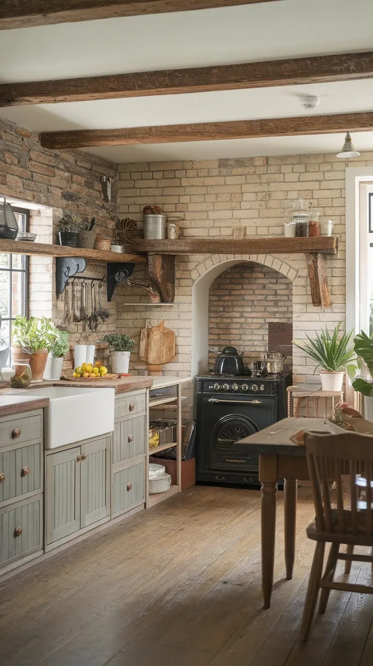 Imagine waking up to the aroma of freshly brewed coffee in this idyllic countryside kitchen.  This English cottage kitchen, a stunning example of English kitchens, seamlessly marries the warmth of a country farm kitchen with the elegance of modern English kitchen design.  The exposed brick and wooden beams tell a story, while the functional space invites you to linger and enjoy the simple pleasures of home.