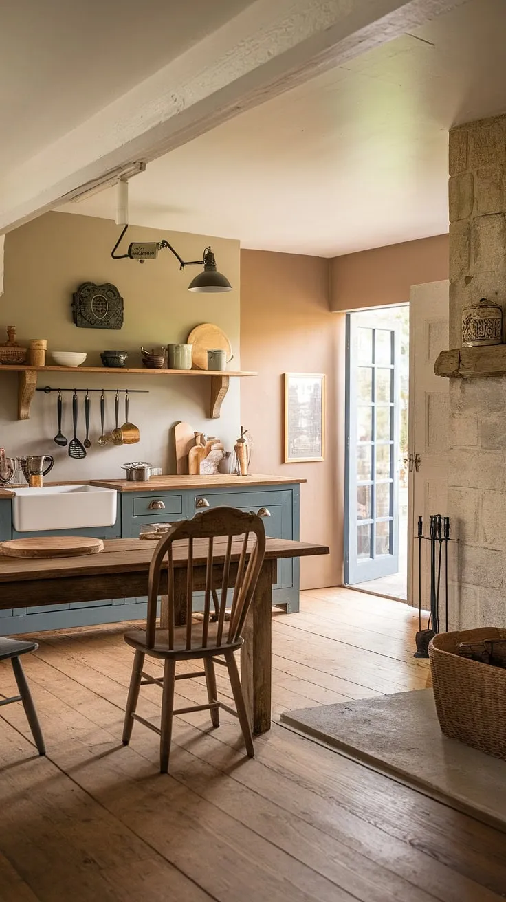Warmth and rustic charm blend seamlessly in this modern English country farm kitchen.  The aged wood, stone fireplace, and vintage details create an inviting atmosphere, perfectly embodying the spirit of English cottage kitchens and countryside living.