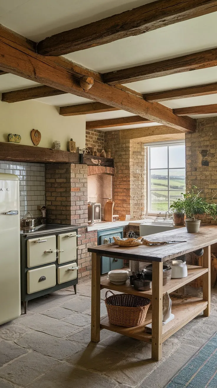 This modern English kitchen, nestled in a picturesque countryside setting, embodies the spirit of English cottage interiors.  The blend of rustic brickwork, a traditional brick oven, and sleek appliances creates a unique English country kitchen, a true testament to the beauty of English kitchens.