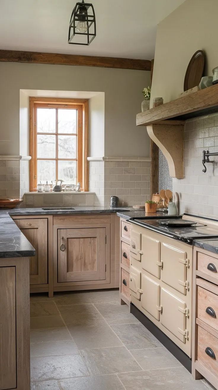 This English country kitchen, a stunning example of English kitchens, effortlessly combines contemporary style with the rustic appeal of a countryside kitchen. The blend of grey and beige tones, the charming wooden cabinets, and the iconic AGA cooker create a truly captivating English cottage kitchens design, perfect for those seeking a modern take on country farm kitchen living.