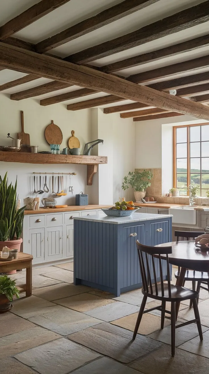 Imagine waking up to this view: a quintessential English country kitchen, brimming with rustic charm and modern convenience.  The blend of exposed beams, a stone floor, and a vibrant blue island creates a space that's both inviting and stylish. This English cottage kitchen, a dream for lovers of English kitchens and countryside living, is the epitome of English cottage interiors.