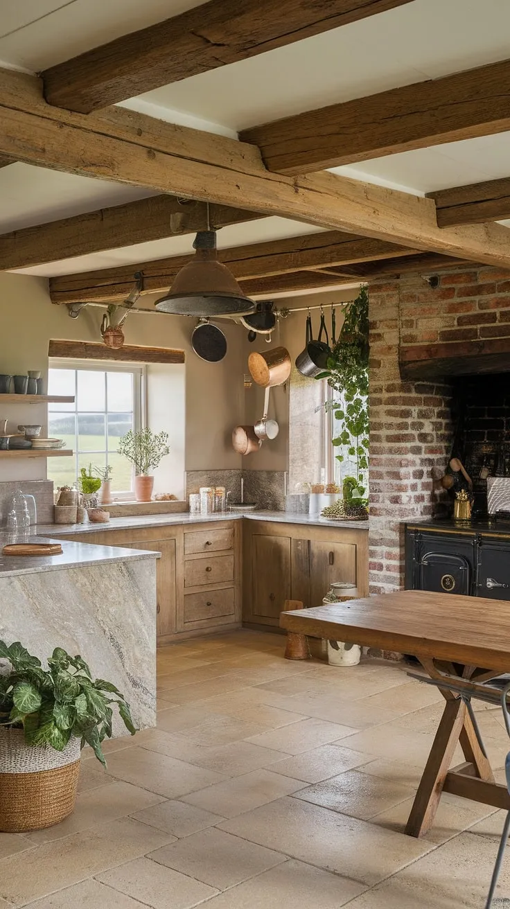 Where modern English kitchen design meets the rustic charm of a country farm setting. This countryside kitchen, with its exposed beams, brick fireplace, and marble countertops, embodies the best of English cottage interiors.  The view from the window completes the idyllic picture of English kitchens.