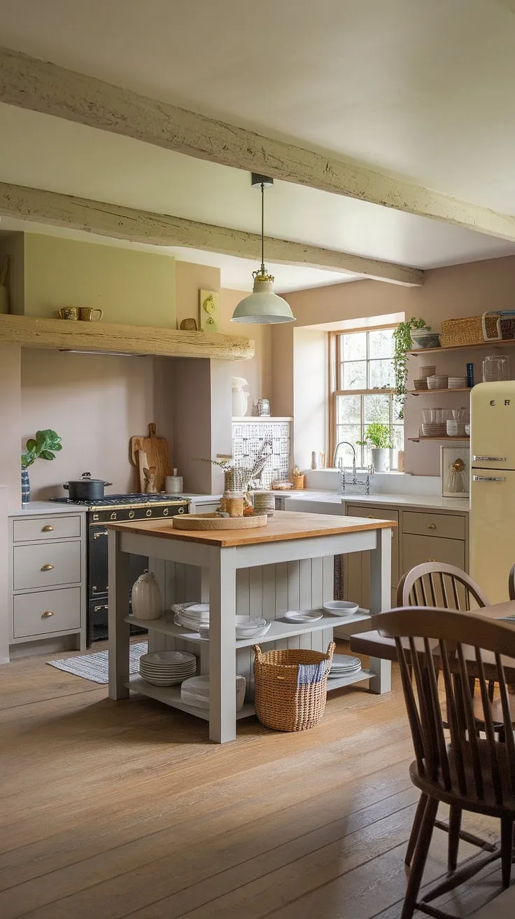This modern English kitchen seamlessly blends rustic charm with contemporary style, creating the perfect heart of this charming English cottage.  The spacious island, complete with a farmhouse sink and stove, anchors the room, while the soft beige and grey palette complements the rich wood tones and lush greenery, embodying the essence of an idyllic countryside kitchen.  This is English cottage living at its finest.