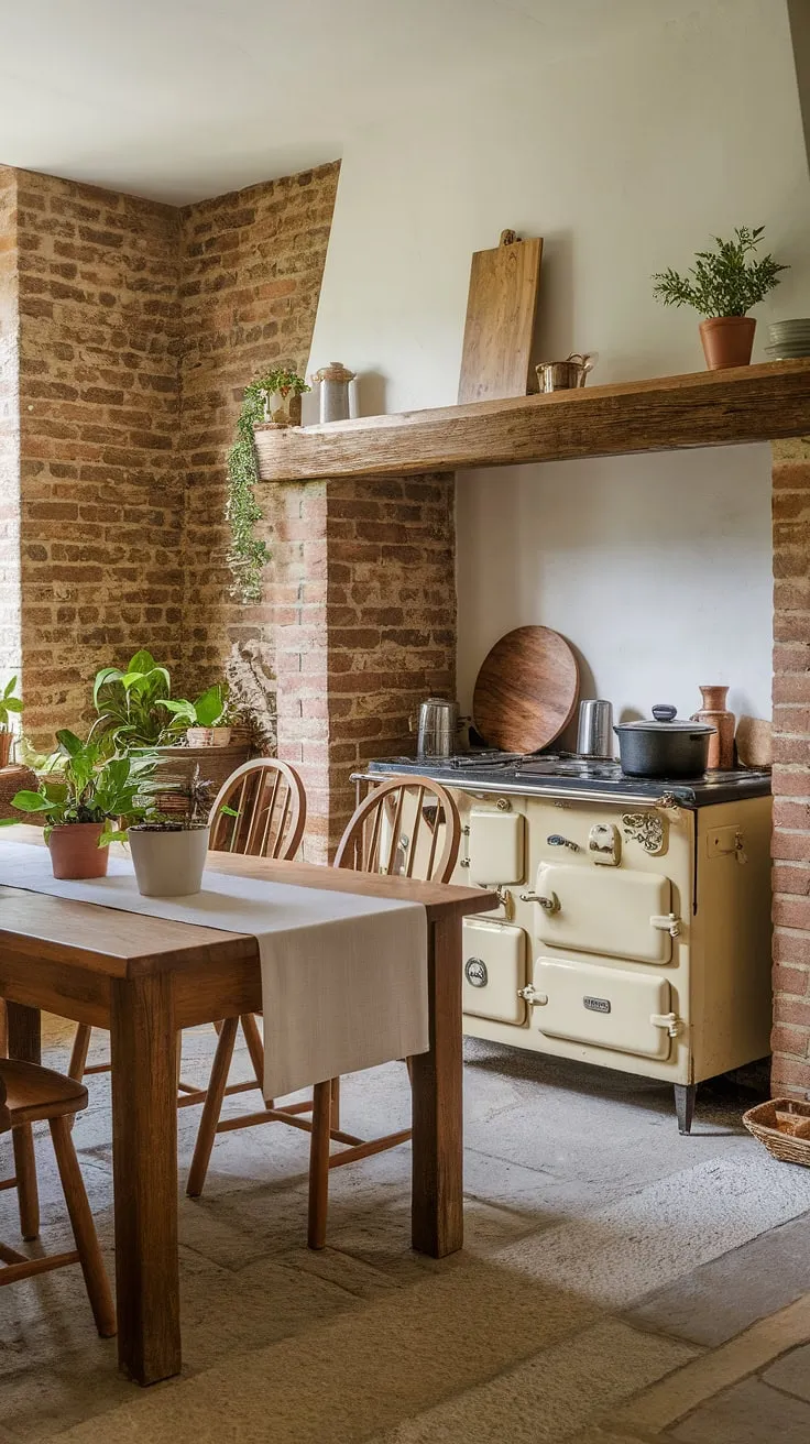 Sunlight streams into this charming English cottage kitchen, a perfect blend of modern English kitchen design and rustic countryside charm.  The exposed brick walls and stone floor complement the vintage stove and wooden table, creating the quintessential English country kitchen feel. This is where country farm kitchen dreams are made.