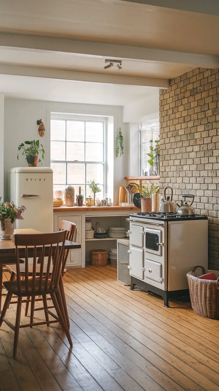 Sunlight streams into this charming country farm kitchen, a perfect blend of modern English kitchen design and rustic English cottage interiors.  The vintage stove hums alongside sleek appliances, creating a heart-warming space where countryside kitchen dreams come true. This English cottage kitchen effortlessly marries old-world charm with contemporary convenience, showcasing the best of English kitchens.