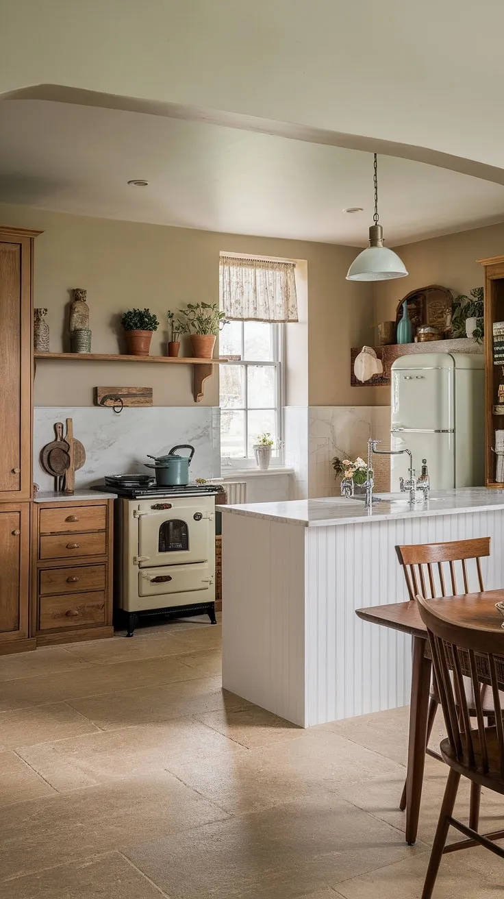 Where modern English kitchen design meets the charm of a country farm setting. This countryside kitchen seamlessly blends sleek lines with rustic warmth, creating an inviting space that embodies the best of English cottage interiors and traditional English kitchens.