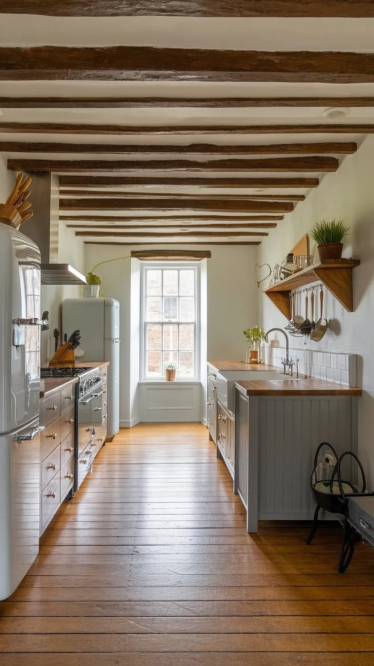 Sunlight streams into this modern English kitchen, blending rustic charm with contemporary style.  The exposed beams and grey island create a country farm kitchen feel, while the crisp white cabinets and sleek appliances speak to the elegance of English kitchens. This space perfectly embodies the best of English cottage interiors.