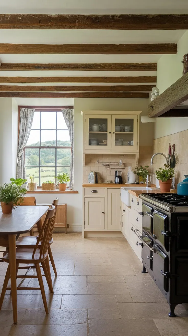 Where modern meets rustic charm. This English country kitchen, a delightful blend of sleek lines and countryside coziness, seamlessly unites the best of modern English kitchen design with the warmth of an English cottage.  The view from the window only enhances the idyllic atmosphere of this countryside kitchen.