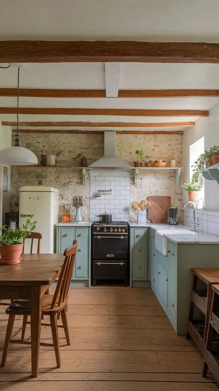 Imagine waking up to this view: a quintessential English cottage kitchen, brimming with warmth and character.  This countryside kitchen seamlessly marries the rustic appeal of a country farm kitchen with the elegance of modern English kitchen design.  The wooden table, stone walls, and carefully chosen vintage elements create an atmosphere of timeless comfort, showcasing the best of English kitchens and English cottage kitchens.