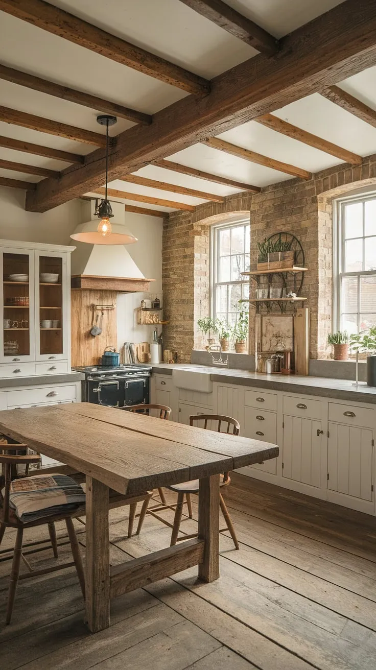 Where modern English kitchen design meets the charm of a country farm.  This space effortlessly blends sleek concrete countertops and white cabinetry with exposed brick, rustic wood, and the warmth of an English cottage kitchen, creating a truly inviting countryside kitchen.
