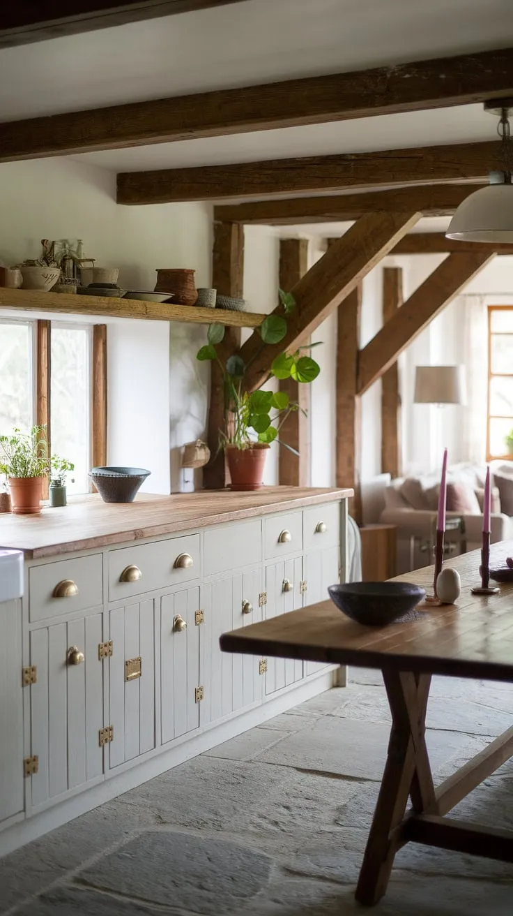 This English country kitchen is a dream realised.  A perfect blend of modern and traditional, this countryside kitchen boasts exposed wooden beams, a generous farmhouse table, and the subtle elegance of white cabinetry and brass hardware.  The space embodies the best of English cottage kitchens and modern English kitchen design, creating a truly captivating English cottage interiors aesthetic.  It's the epitome of an inviting and stylish English kitchens design.