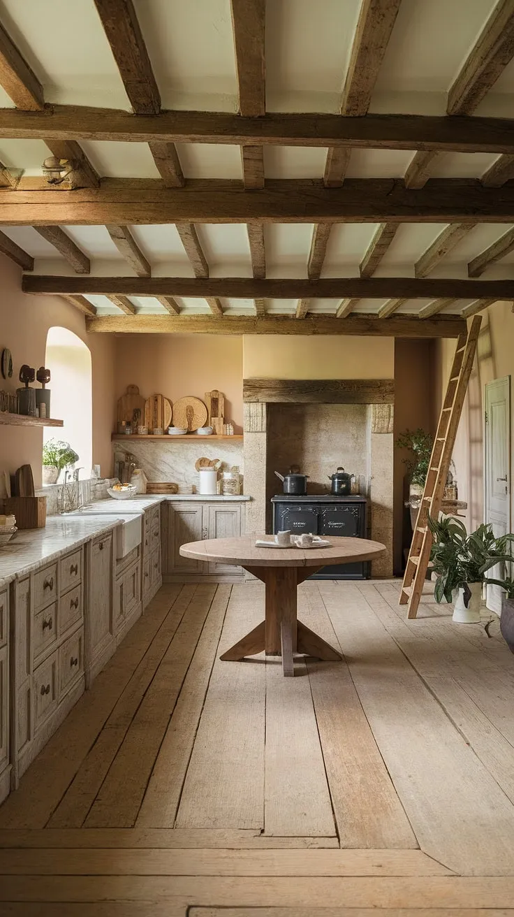 This English cottage kitchen seamlessly marries the rustic allure of a country farm kitchen with the sophistication of a modern English kitchen.  The distressed cabinetry, double oven, and large wooden table create a welcoming space, showcasing the best of English kitchens and English cottage kitchens in this idyllic countryside kitchen setting.