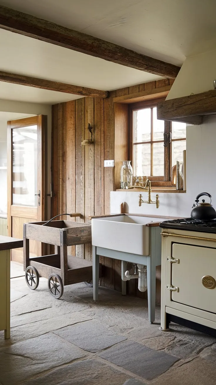 Where modern English kitchen design meets the charm of a country farm setting.  This countryside kitchen, with its farmhouse sink and wood-panelled walls, perfectly embodies the spirit of English cottage interiors.  The vintage cart adds a touch of rustic elegance to this beautiful space.