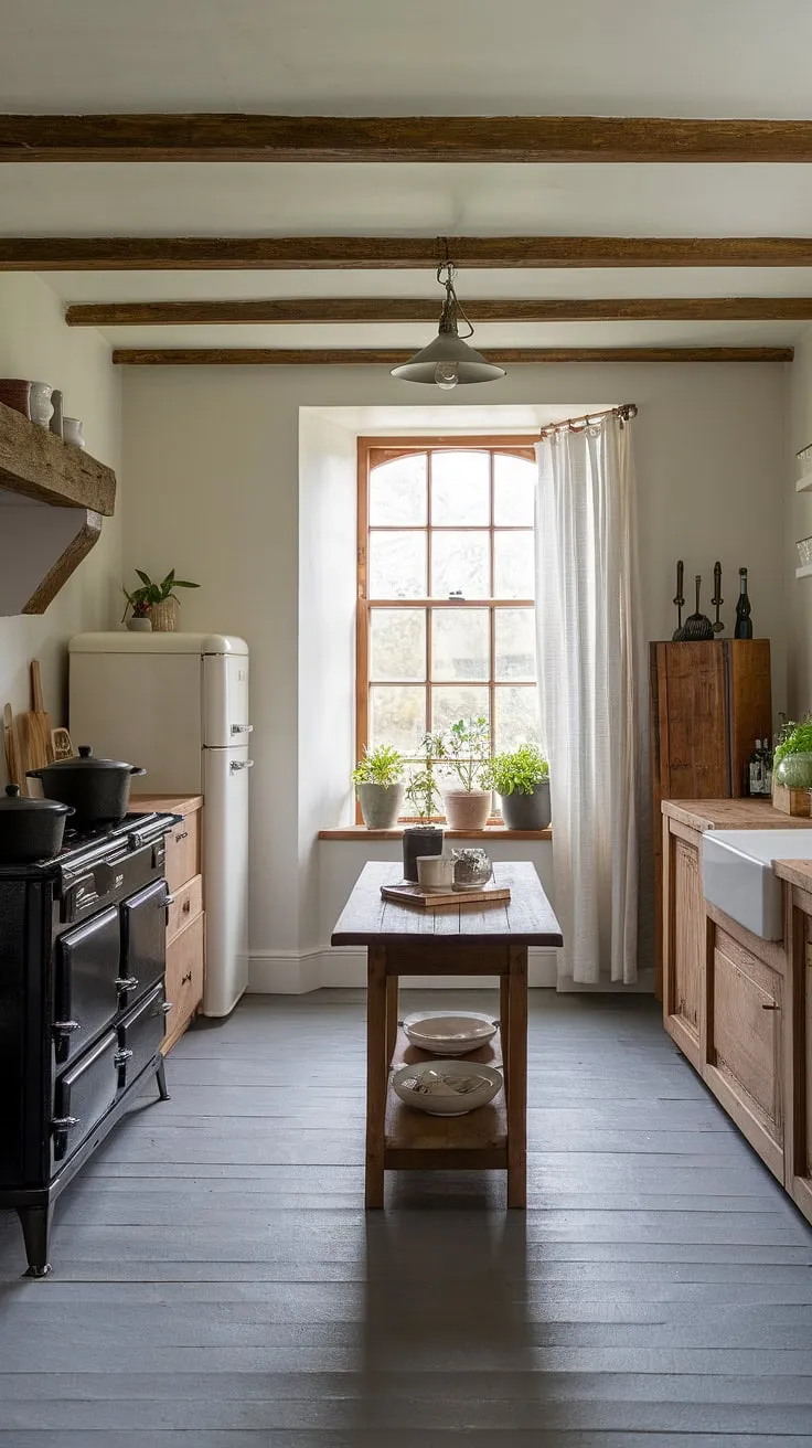 This stunning modern English kitchen, nestled within an English cottage, effortlessly marries the best of both worlds.  The result is an inviting and functional english cottage interiors space, perfect for those seeking the charm of an English farm kitchen with the convenience of contemporary design.  The attention to detail, from the rustic light fixture to the carefully chosen plants, truly embodies the spirit of english kitchens.