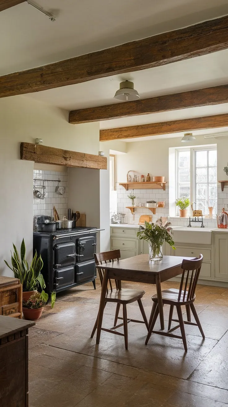 Sunlight streams into this modern English kitchen, blending rustic charm with contemporary style.  The exposed wooden beams and black range cooker speak to a country farm kitchen's heart, while the clean lines and tiled floor create a sophisticated English cottage kitchens feel. This is countryside kitchen living at its finest, showcasing the best of English country kitchen design and English cottage interiors.