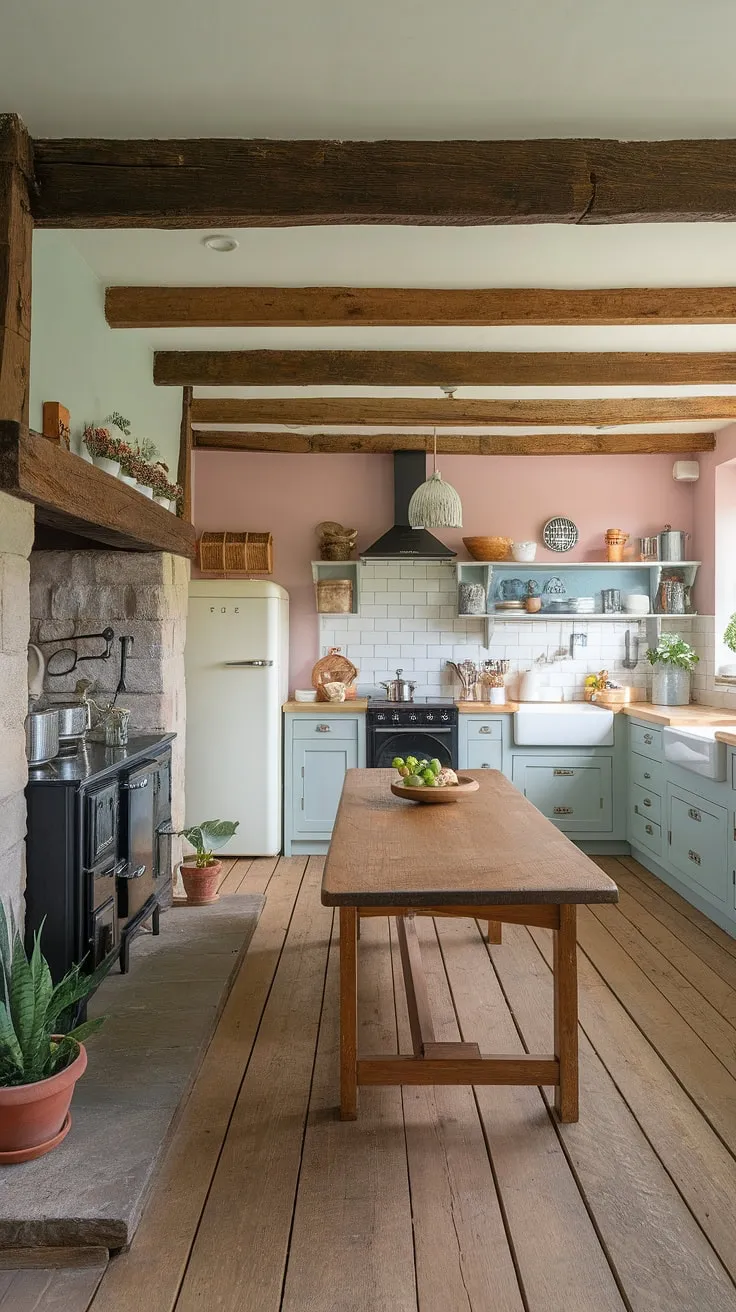 Imagine waking up in this idyllic English country kitchen.  The heart of a charming English cottage, this space effortlessly combines the best of both worlds: the rustic beauty of exposed beams and a stone fireplace with the functionality of a modern English kitchen.  From the wooden floors to the thoughtfully designed cabinetry, every detail speaks to the enduring appeal of English cottage interiors and the timeless elegance of English kitchens.