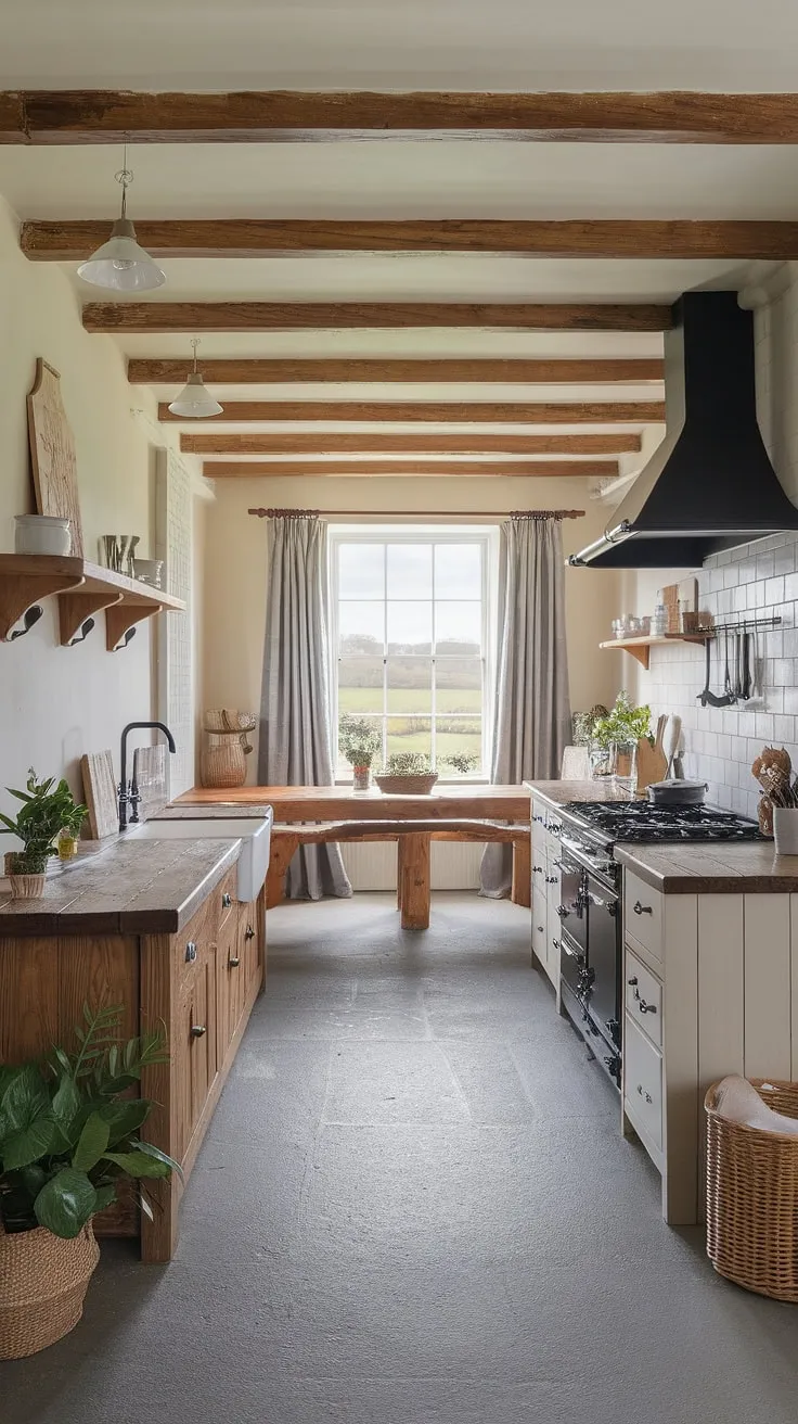 This English country kitchen is a dream.  The blend of modern amenities and classic English cottage kitchens design elements, from the exposed wooden beams to the farmhouse table overlooking the countryside, creates a truly captivating space.  This countryside kitchen is the epitome of English kitchens, offering a warm and inviting atmosphere perfect for everyday life.
