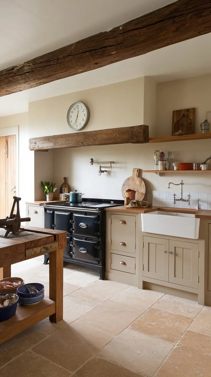 This English cottage kitchen seamlessly blends the rustic charm of English country kitchens with the sleek lines of a modern English kitchen.  The exposed wooden beam and farmhouse sink create a cozy atmosphere, while the black range cooker adds a touch of contemporary style.  A perfect example of exquisite English kitchens and the inviting spirit of English cottage interiors found in a countryside kitchen setting.