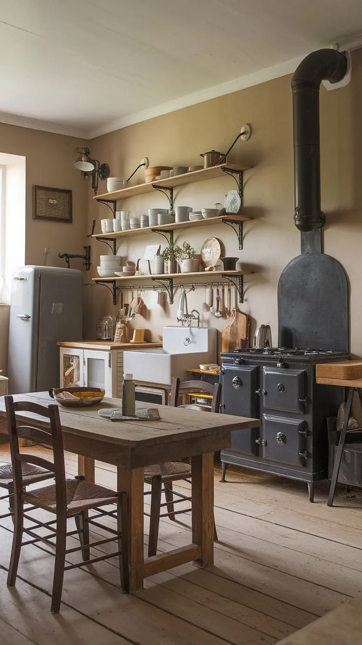 This English country kitchen seamlessly blends rustic charm with contemporary elegance.  The heart of this countryside kitchen, a haven of English cottage interiors, is defined by its unique mix of vintage and modern details.  From the large industrial oven to the thoughtfully arranged shelves, every element contributes to the inviting atmosphere of this modern English kitchen, a true reflection of English kitchens in a beautiful farm setting.