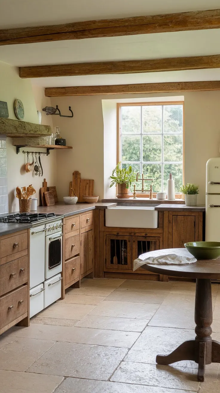 Sunlight streams into this charming country farm kitchen, where modern English kitchen design meets rustic charm.  The exposed beams and stone countertops blend seamlessly with sleek white appliances, creating the perfect balance of English cottage kitchens and contemporary style.  A glimpse of the lush countryside beyond the window completes this idyllic English cottage interiors scene.