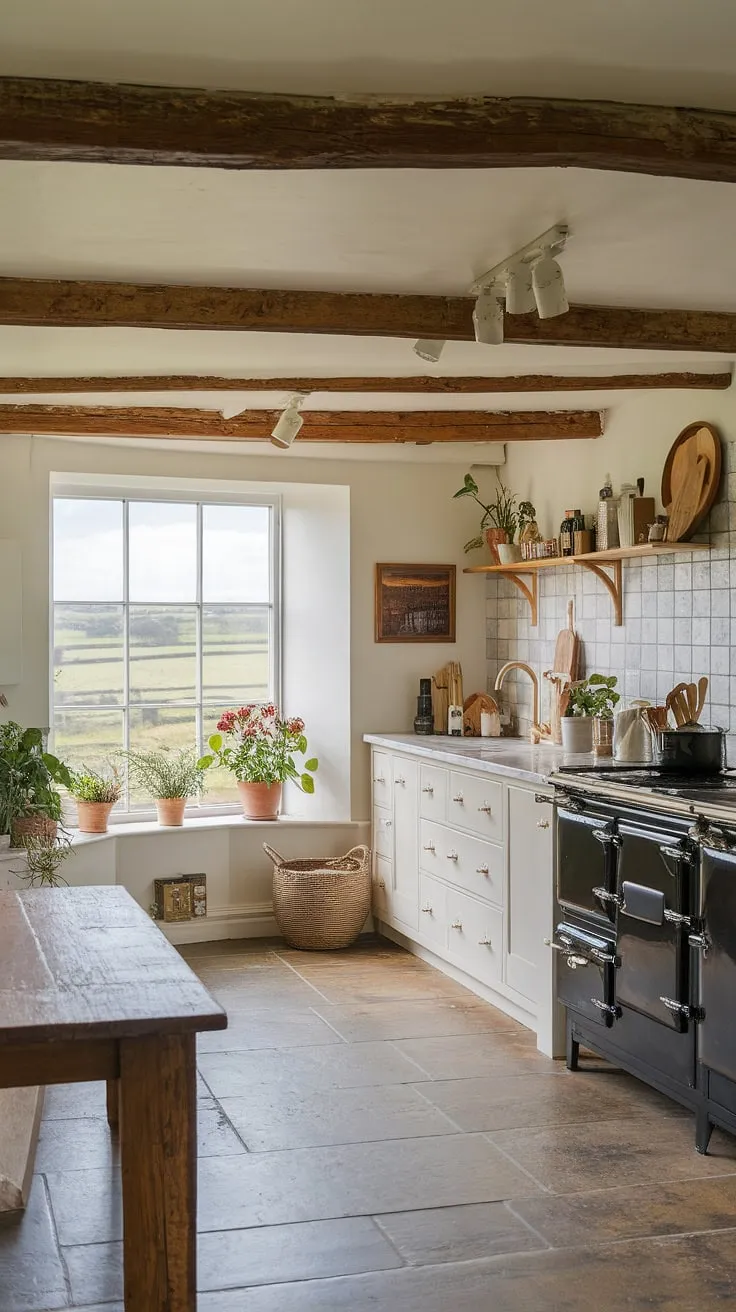 Where modern meets rustic charm. This English country kitchen, nestled in a countryside cottage, seamlessly blends contemporary design with traditional English cottage interiors. The large window offers breathtaking views, complementing the black stove and marble countertops, creating the perfect country farm kitchen.