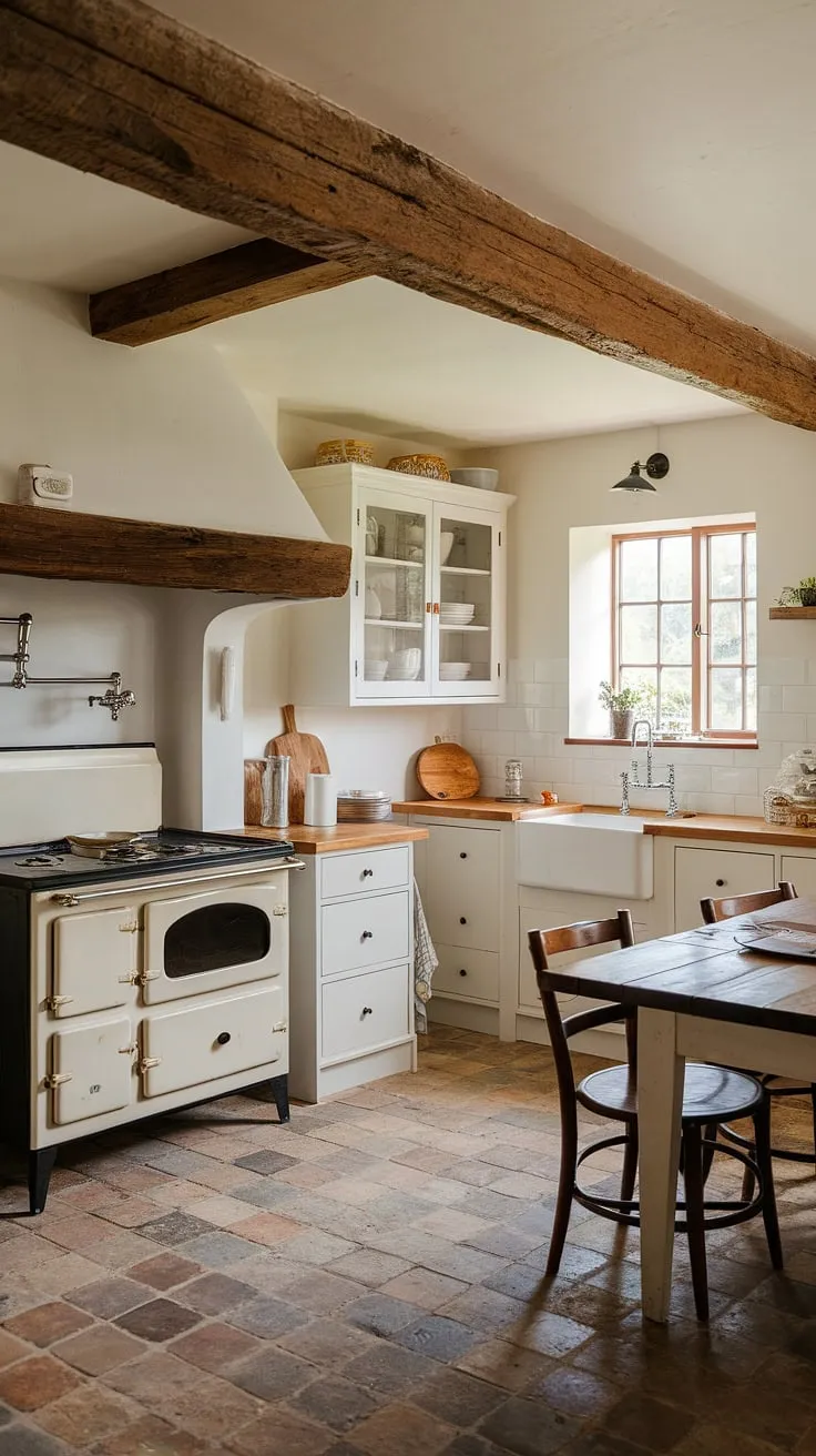 Imagine waking up in this idyllic English cottage.  The aroma of freshly brewed coffee fills this country farm kitchen, its modern English kitchen design a perfect marriage of rustic and refined.  The warmth of the wooden countertop and the view from the farmhouse sink epitomize the essence of English cottage interiors and English kitchens.