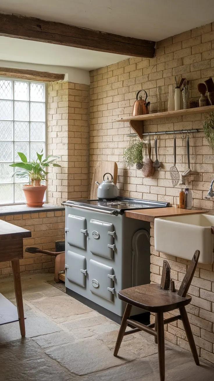 The heart of this modern English kitchen, a blend of rustic charm and contemporary style, beats in this country farm kitchen. Exposed brick walls and a vintage chair add character to the space, while the sleek AGA cooker and stone floor offer a touch of modern elegance.  This English cottage kitchen perfectly embodies the spirit of English country kitchens and countryside kitchen living.