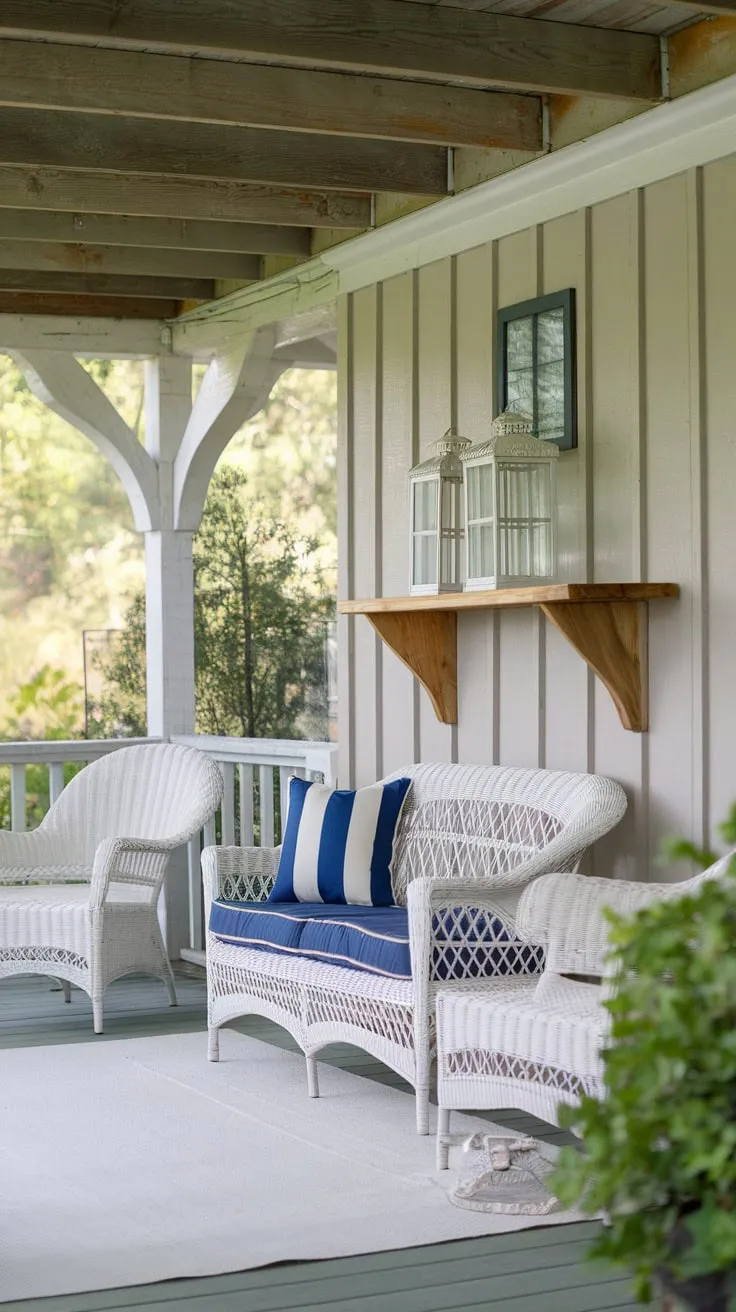 Cozy Country Porch Decor with Wicker and Greenery