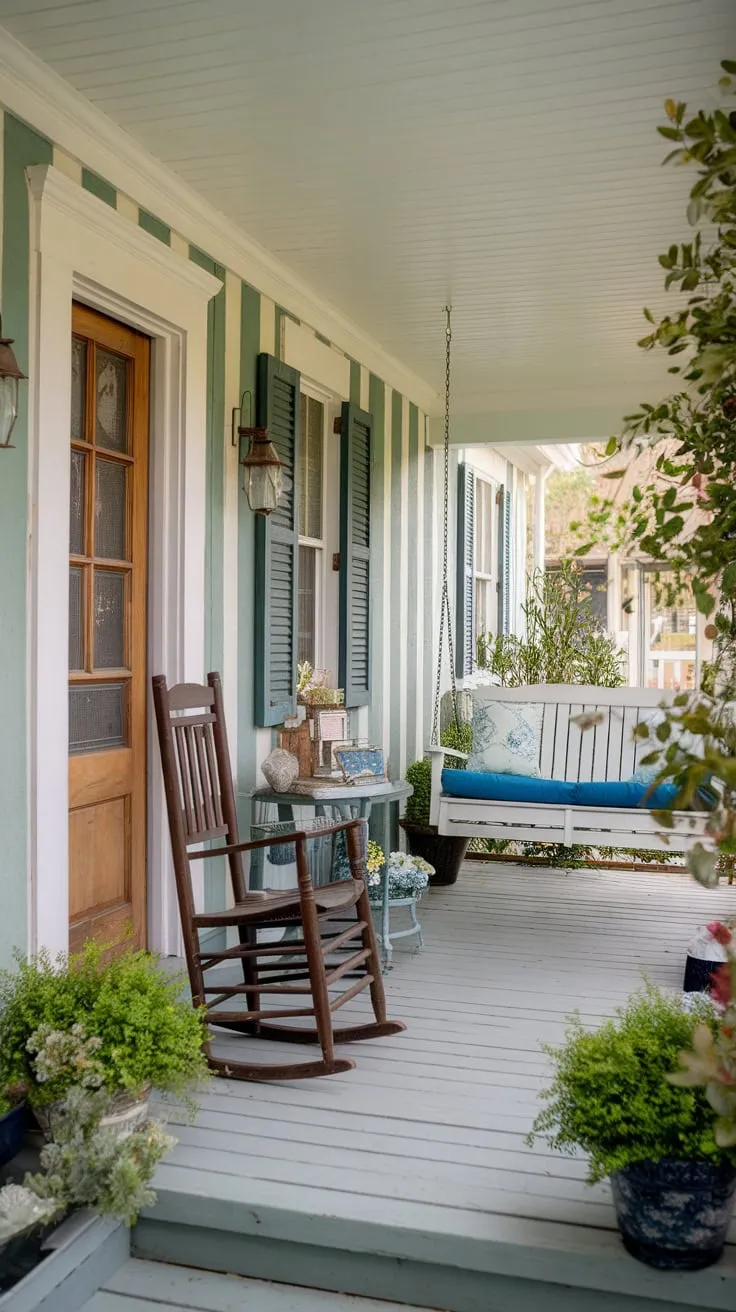 Cozy Country Front Porch Oasis with Striped Walls and Greenery