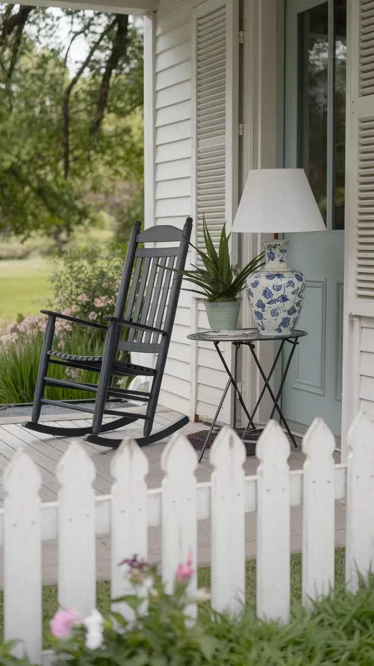 Charming Country Porch with Rocking Chair and Garden View
