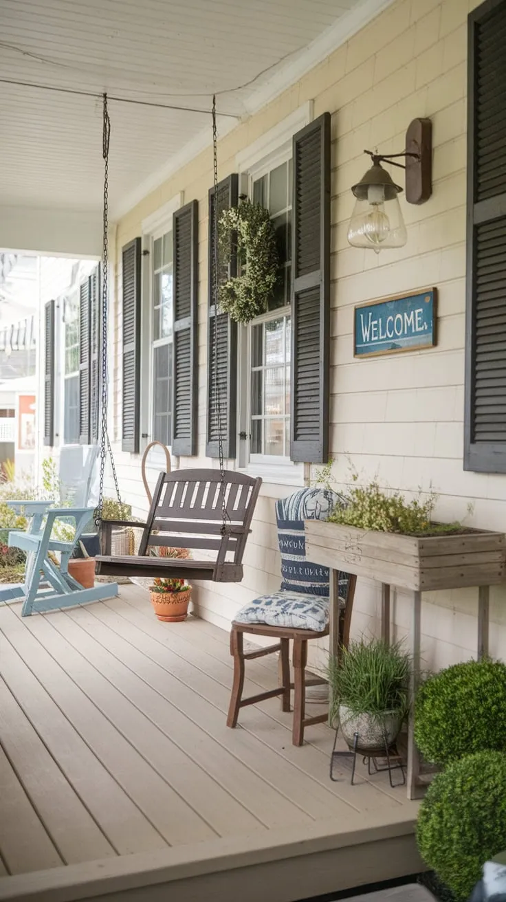 Cozy Country Front Porch Oasis with Swing and Greenery
